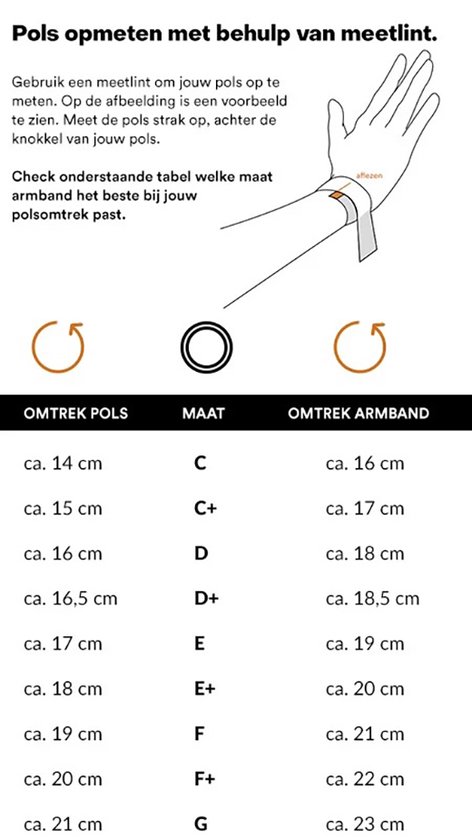 Illustratie van het meten van de pols met een meetlint, met een maattabel voor armbanden.