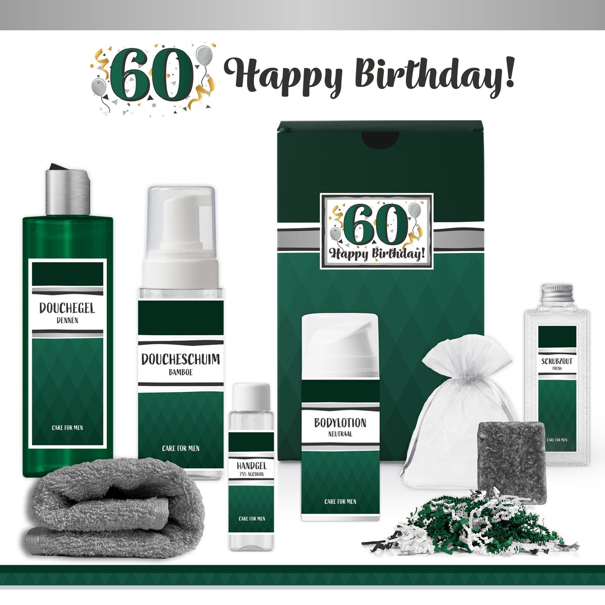 Goedkoopste Geschenkset “60 Jaar Happy Birthday!” - 7 producten - 850 gram | Giftset voor hem - Luxe wellness cadeaubox - Cadeau man - Zestig jaar - Gefeliciteerd - Gift Sixty years Party - Verjaardag - Cadeaupakket Deluxe - Vriend - Verjaardagscadeau - Groen