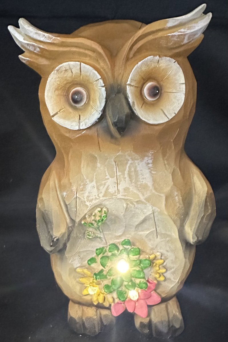 Impuls Polyresin solarlamp Uil met bloem en LEDs meerkleurig met LEDs Staand model hoogte 20 x 16 x 12 cm Tuindecoratie Tuinverlichting