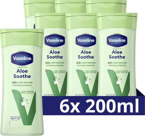 Zes flessen Vaseline Intensive Care Aloe Soothe bodylotion in een 6x 200ml verpakking.