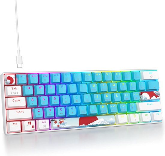 StayPowered Mechanische Gaming Toetsenbord - Compact en Krachtig voor Topprestaties - 61 Toetsen - RGB Achtergrondverlichting - Lineaire Rode Schakelaars - PBT Keycaps - USB-C Verbinding - Lichtblauw/Wit - Levering Sneller dan Aangegeven!