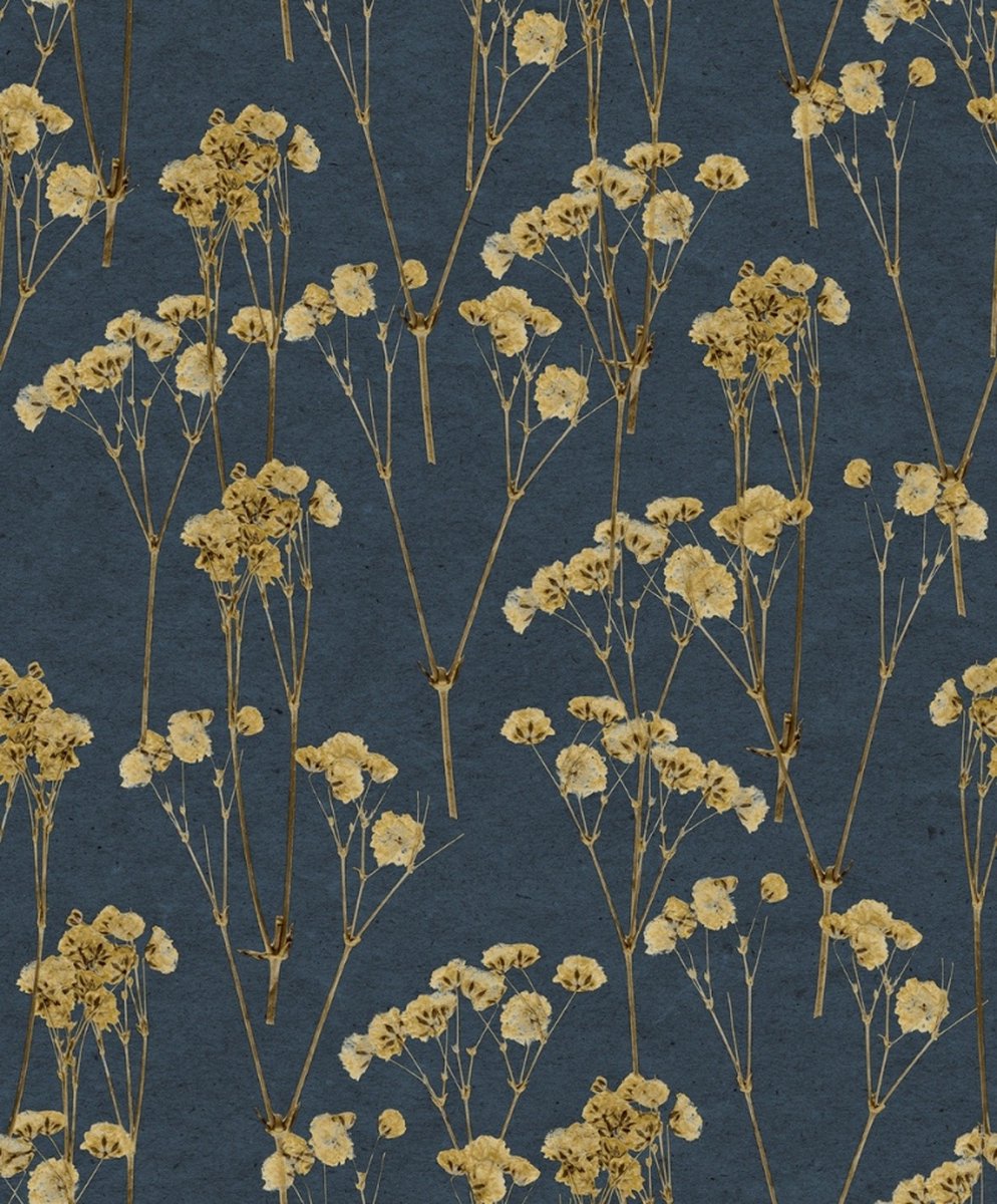 Herbarium - Vliesbehang - Bloemen - Donkerblauw - 0,53 x 10,05 M.