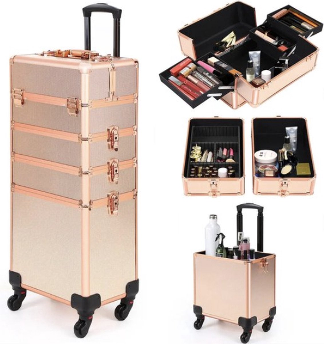 Directly Aluminium Visagie Koffer Nagel trolley 4 in 1 Roze Cosmetica trolley Kappers trolley op wieltjes Make-up schmink nagel koffer trolley koffer