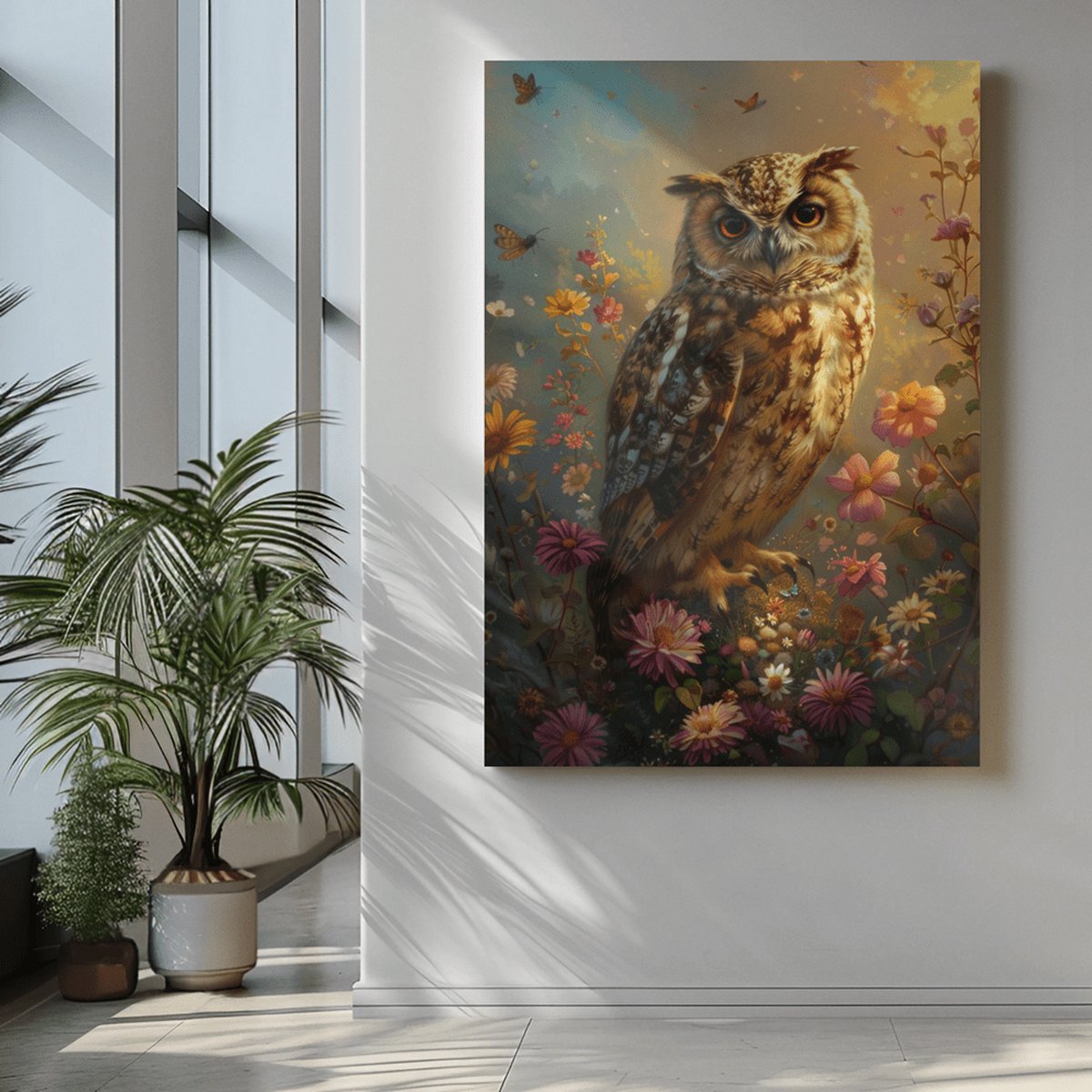 Trendex Global Canvas Schilderij Vogels - Uil met Bloemen - Wanddecoratie - 120x80x2 cm Bruin