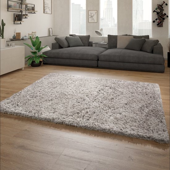 Paco Home Hoogpolig Vloerkleed Woonkamer Shaggy Zacht Eenkleurig Modern Zacht, Maat:160x220 cm, Kleur:Grijs