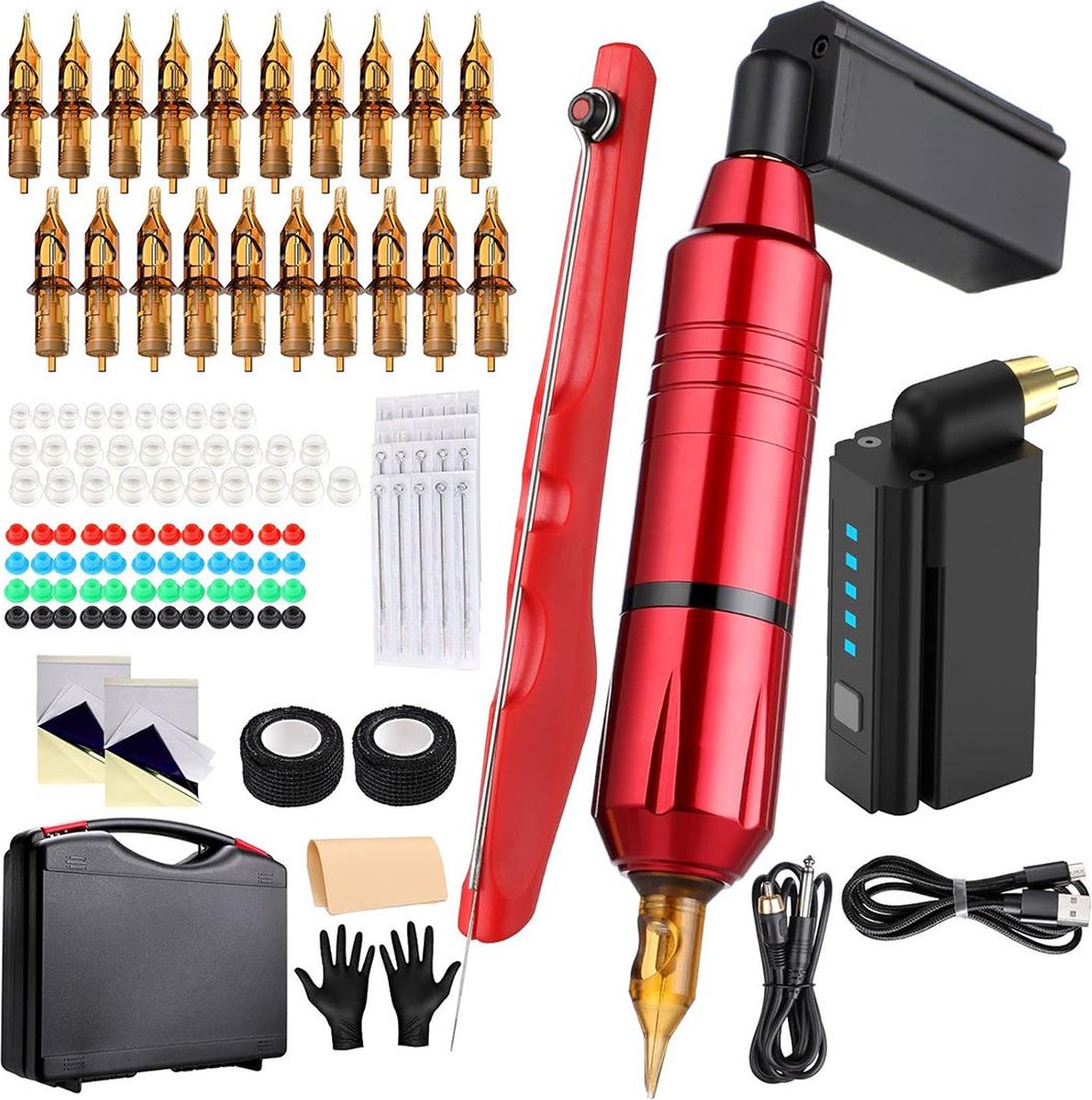 Hoge Kwaliteit Tattoo Machine met Accessoires - Tattoo Machines Draadloos - Tattoo Set Inclusief Inkt en Naalden - Tattoo Kit met Opbergkoffer - Voor Professionals en Beginners - Rood
