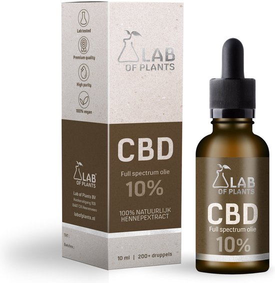 Flesje en doosje Lab of Plants CBD-olie 10% Full spectrum olie. Doosje met teksten: Lab tested, Premium quality, High purity, 100% vegan.