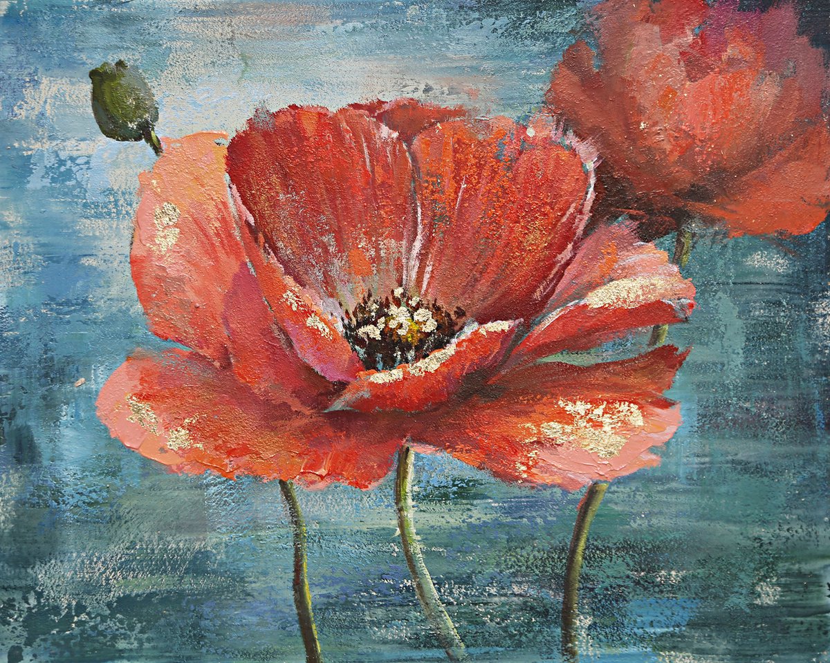 karo-art Schilderij - Handgeschilderd - Klaprozen, olieverf, 80x80cm. Multikleur