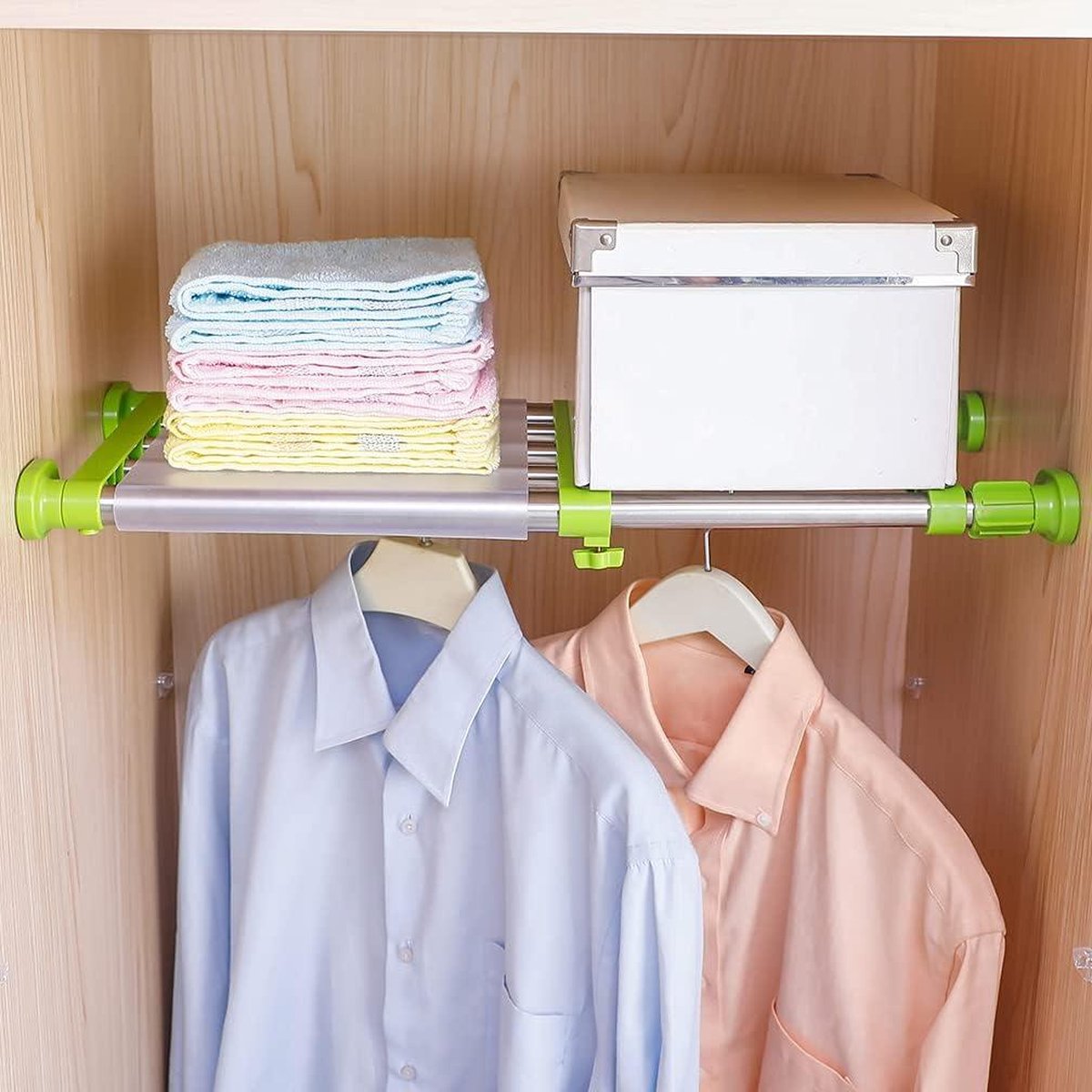 Spanplank staaf uitbreidbaar metalen opbergrek verstelbare organizer kast scheidingswand scheider kast kledingkast keuken badkamer groen.