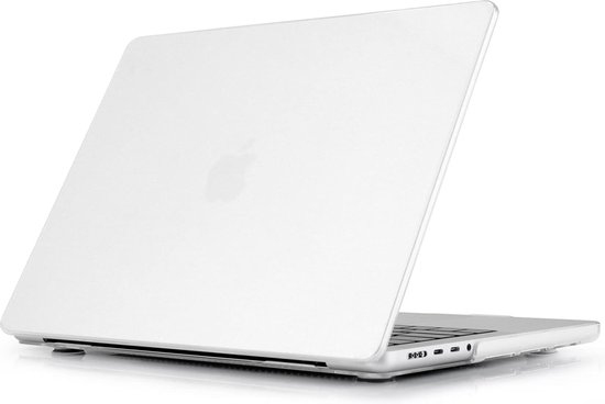 Étui blanc pour MacBook, détaillé, avec le couvercle ouvert. L'étui protège l'ordinateur portable.