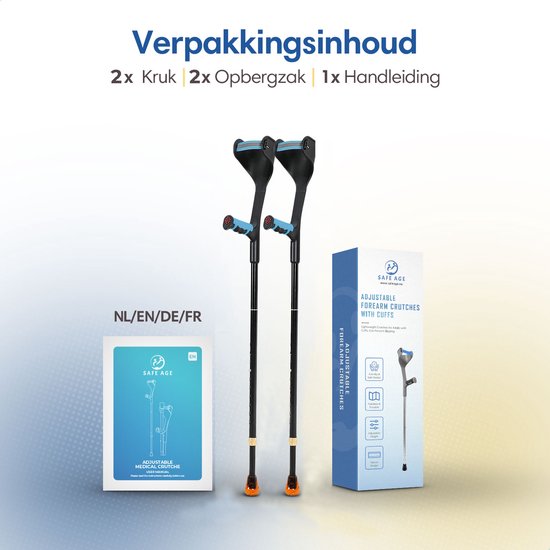 Een paar zwarte krukken naast de verpakking. De verpakking toont 'SAFE AGE ADJUSTABLE FOREARM CRUTCHES'.