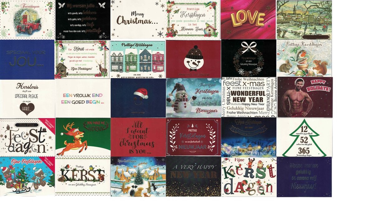 30 Losse Kerstkaarten - Foto fun mail - 10x14 - Super sortering - Funny mail kerstkaarten - Inclusief Enveloppen - 30 Verschillende Dessins - Pakket B - X-mas - Fijne feestdagen -Happy New Year - Blanco -cadeau cards - geldkaart