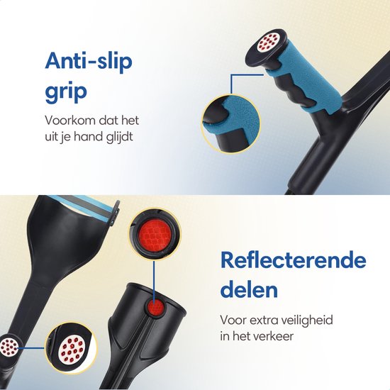 Close-up van een blauw anti-slip handvat van een kruk. De onderkant van de kruk met rode reflectoren.