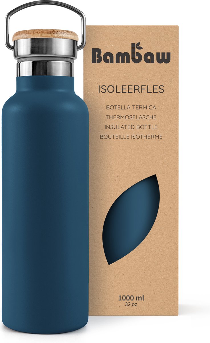 Bambaw® 1 Liter RVS Thermosfles - Isoleerfles, Dubbelwandig, Lekvrijen, loodvrij en Plasticvrij Geïsoleerde Fles met Bamboe Deksel voor Warme en Koude Dranken - Ideaal voor Reizen, Werk, Yoga, Wandelen en Dagelijks Gebruik – blauw