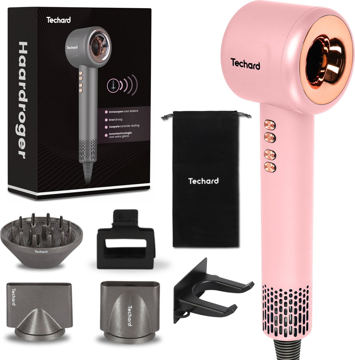 Techard Ionische Haardroger Fohn met Diffuser voor Krullen Ultra Stil en Superkrachtig met Extra Grote Diffuser 110.000RPM Inclusief Opbergtas