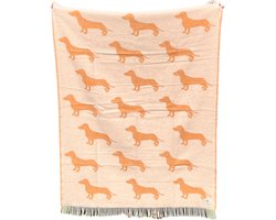 Wollen Plaid / deken Teckel Zand - Terracotta / Dachshund - 100% nieuwe wol, extra dik - extra zacht - warm - isolerend - 2 kleurig - Must Have voor Teckelliefhebbers! - 130x170cm + Franjes - Perfect cadeau idee