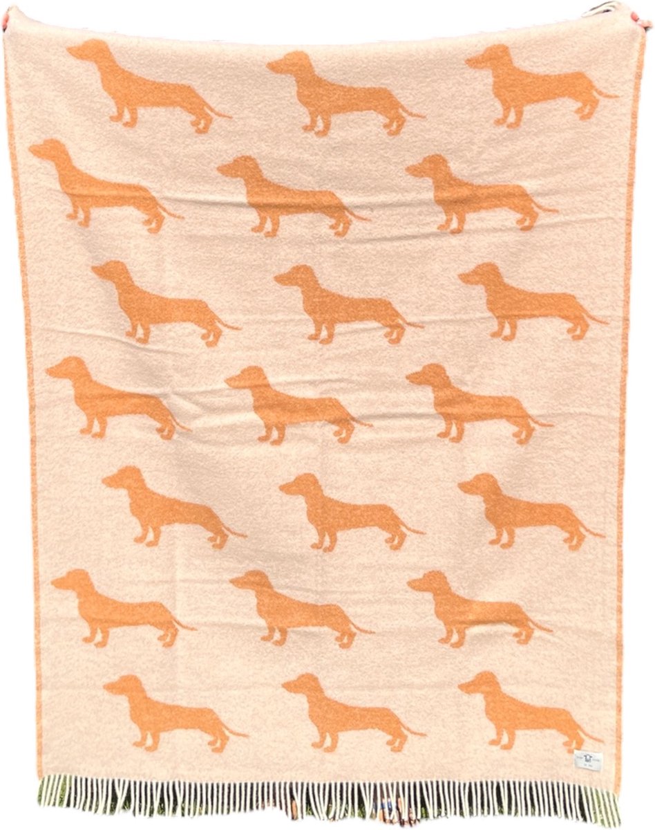 Wollen Plaid / deken Teckel Zand - Terracotta / Dachshund - 100% nieuwe wol, extra dik - extra zacht - warm - isolerend - 2 kleurig - Must Have voor Teckelliefhebbers! - 130x170cm + Franjes - Perfect cadeau idee