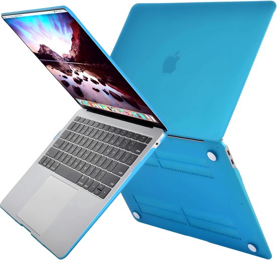 MacBook Air 13 pouces dans une housse Phreeze bleu vif, partiellement ouvert, avec la housse à côté.