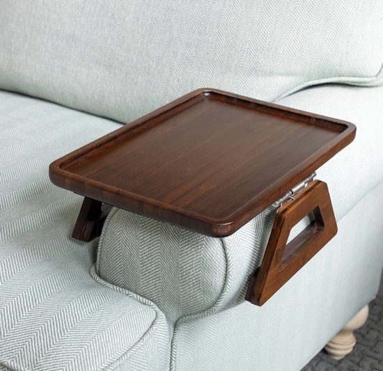 Shamrock Home Bamboe bankarmtafel met apparaathouder, clip-on dienblad, sofatafel voor banken, bankarmlade voor tv-diners, afstandsbedieningen, drankjes, snacks en kleine ruimtes (1, bruin, groot
