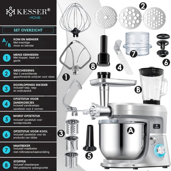 KESSER® Keukenrobot - Keukenmachine - Foodprocessor - Keukenrobots - Keukenmachines - Keuken Machine - Keukenmixer - Foodprocessor 1700 Watt - Deegmachine van KESSER® — afbeelding 4