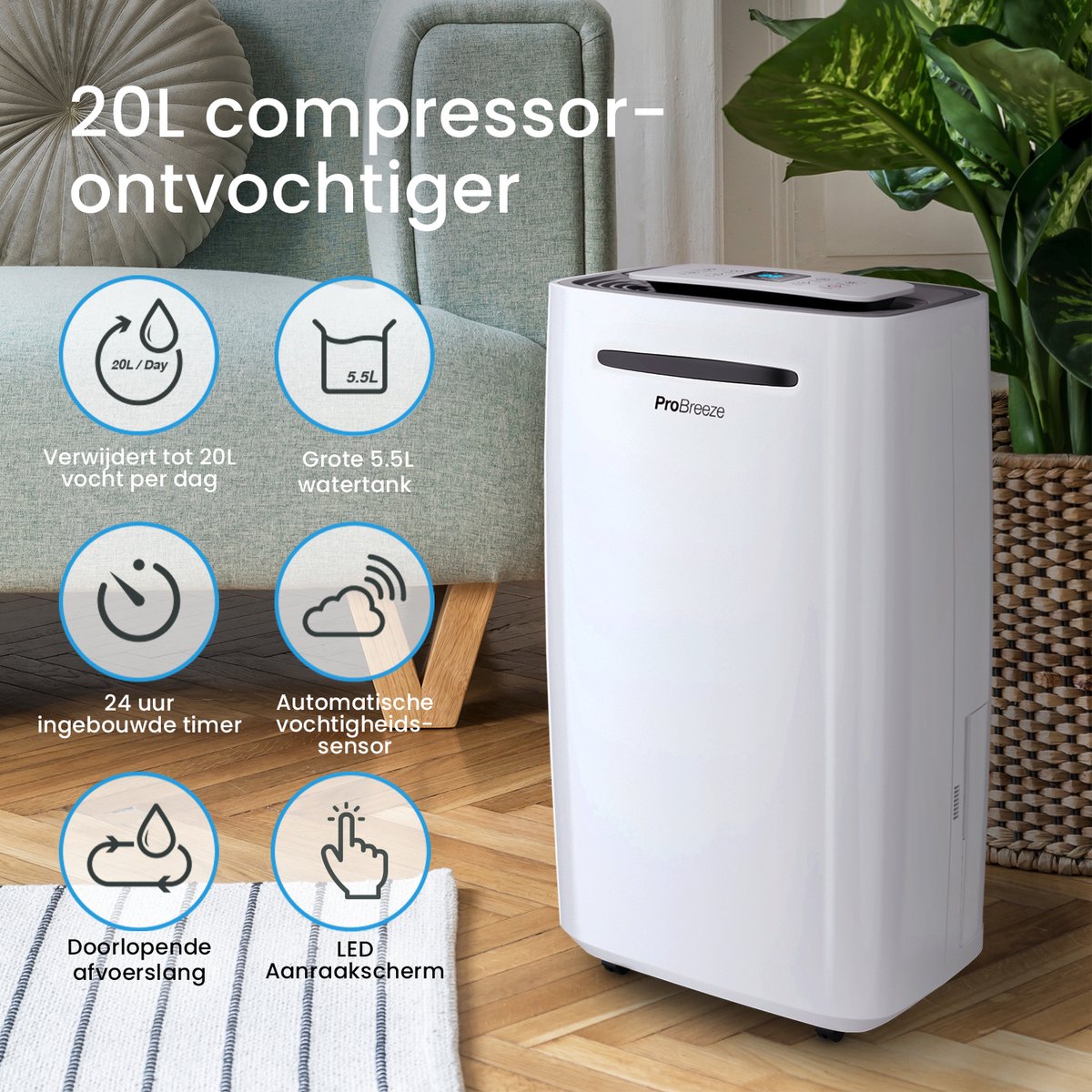 Pro Breeze 6L/dag Luchtontvochtiger – 2L Tank – Vochtigheidsweergave, 3 Standen, Continu Water Afvoer en Timer – Verwijderd Schimmel, Damp en Vocht - Dehumidifier voor Thuis, Garage en Kelder