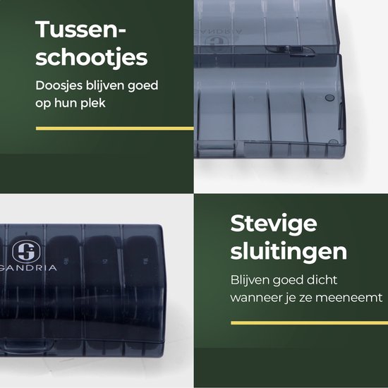 Gandria Pilulier 7 Jours - Pilulier Amovible - Boîte à Médicaments avec 14 Compartiments - Boîte à Médicaments avec Fermeture Robuste - 2 Compartiments par Jour - Zwart