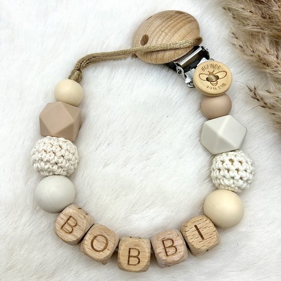 Bij Noe - Speenkoord met naam - Crème/ Zand/ Wit - Kraamcadeau - Speenketting - Babycadeau - Babyshower - Naturel - Unisex