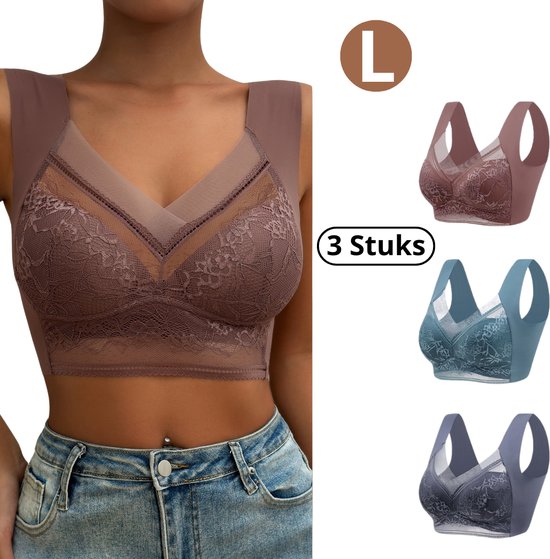BH dames zonder beugel push-up kanten damesbeha met gesp aan de voorkant, kanten rand, zonder stalen ring, beweging, naadloze plooien, aanpassing, yoga, slapen, grote beha, gedwongen jas, blauw, L