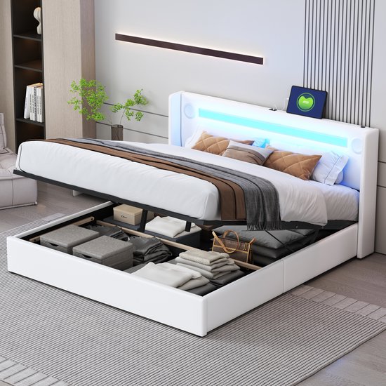 Stapelbed, 90 x 200 cm, Ijzeren Frame, 2 lades, Meerdere Planken, met Led-lichtstrip, met Kledingstang, Matras niet Inbegrepen, Zwart