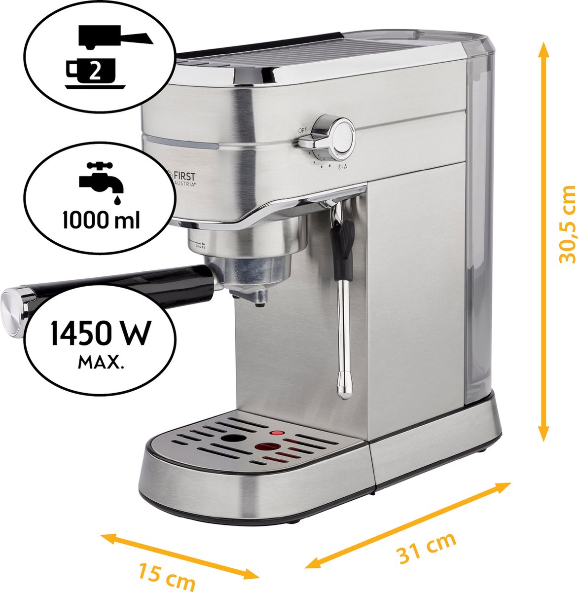 TZS First Austria Espressomachine 1450W 15Bar RVS - afbeelding 2