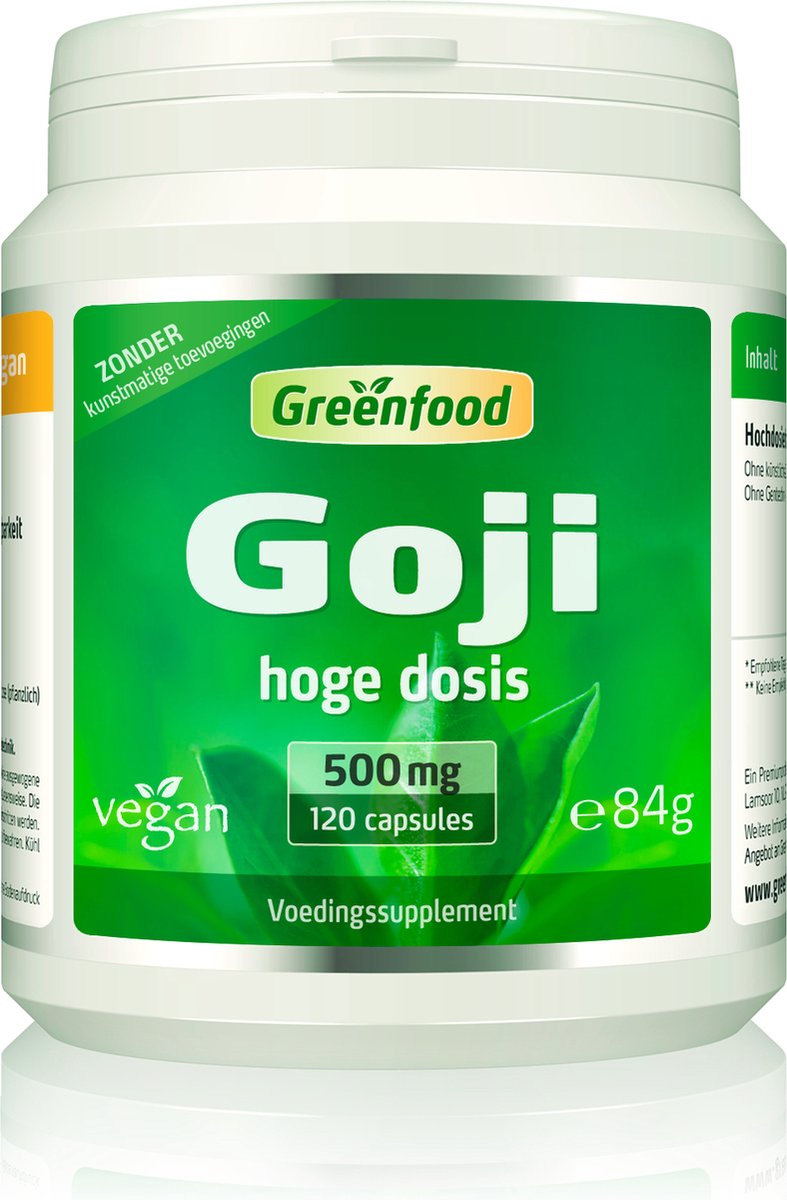 Goedkoopste Greenfood Goji bes, 500 mg, hoge dosering, 120 capsules - Zonder genetische manipulatie. Veganistisch.