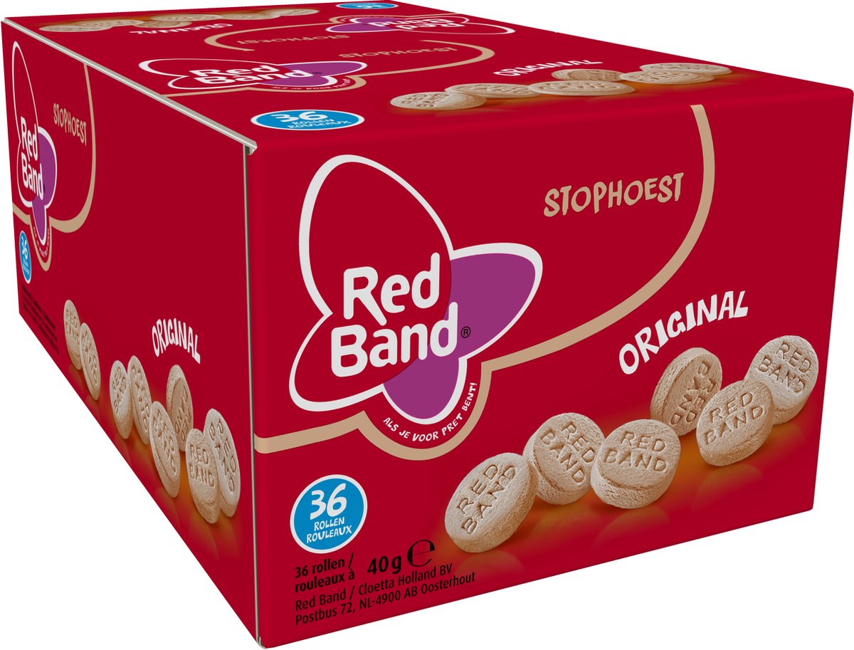 Red Band Stophoest snoep keelpastilles met zoethout en mentholsmaak - showdoos met 36 rollen à 40 g keeltabletten