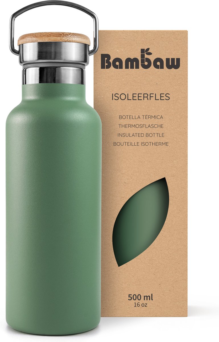 Bambaw® 500ml RVS Thermosfles - Isoleerfles, Dubbelwandig, Lekvrijen, loodvrij en Plasticvrij Geïsoleerde Fles met Bamboe Deksel voor Warme en Koude Dranken - Ideaal voor Reizen, Werk, Yoga, Wandelen en Dagelijks Gebruik – groen