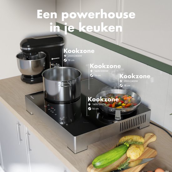 Plaque de cuisson à induction argentée sur un comptoir avec deux zones de cuisson, un mélangeur et des légumes.