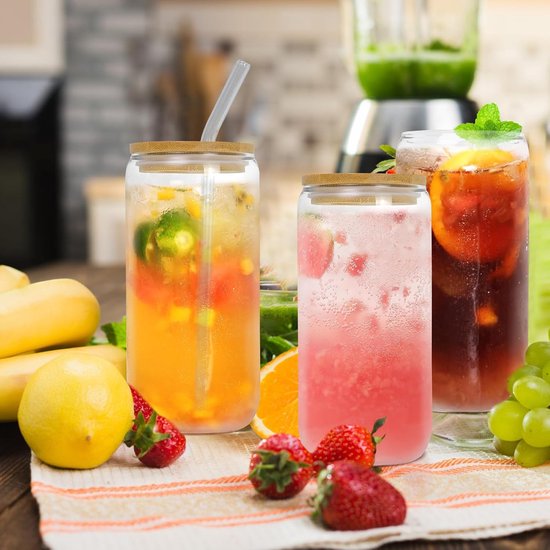 Verres à Boire Réutilisables Set De 2 Tasses En Verre 16oz Style Canette - Avec Couvercles Bambou Et Pailles En Verre - Barfeery Gobelets 16oz Style Canette