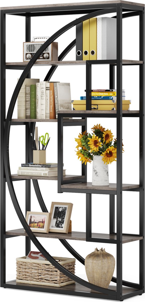 TRIBESIGNS - Boekenkast - Boekenrek met 5 Planken - Industrieel Vintage - Geometrisch Ontwerp - Grijs/Zwart - 80 x 30 x 180 cm