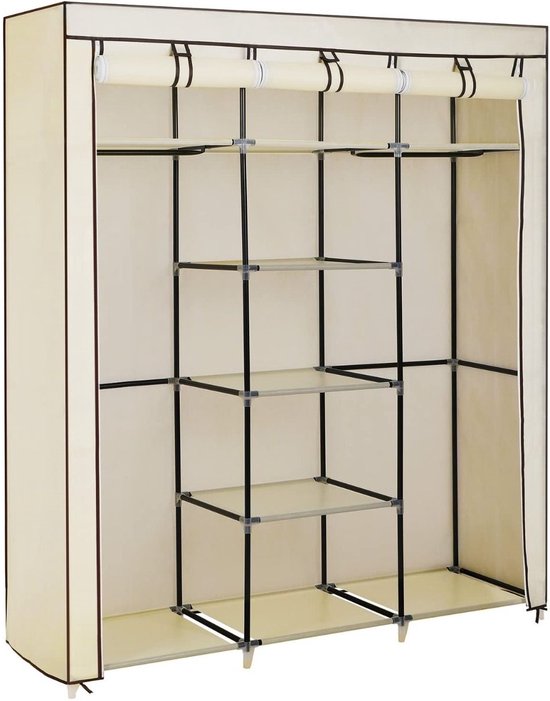 Open stoffen kledingkast met metalen frame, zonder deuren, met legplanken.