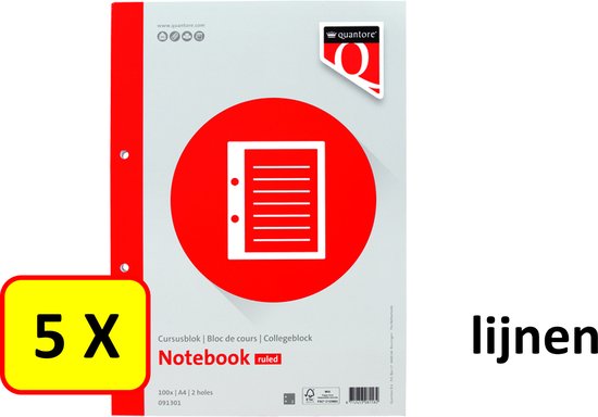5 x cahier Quantore, A4, avec marge rouge, 100 feuilles, ligné.