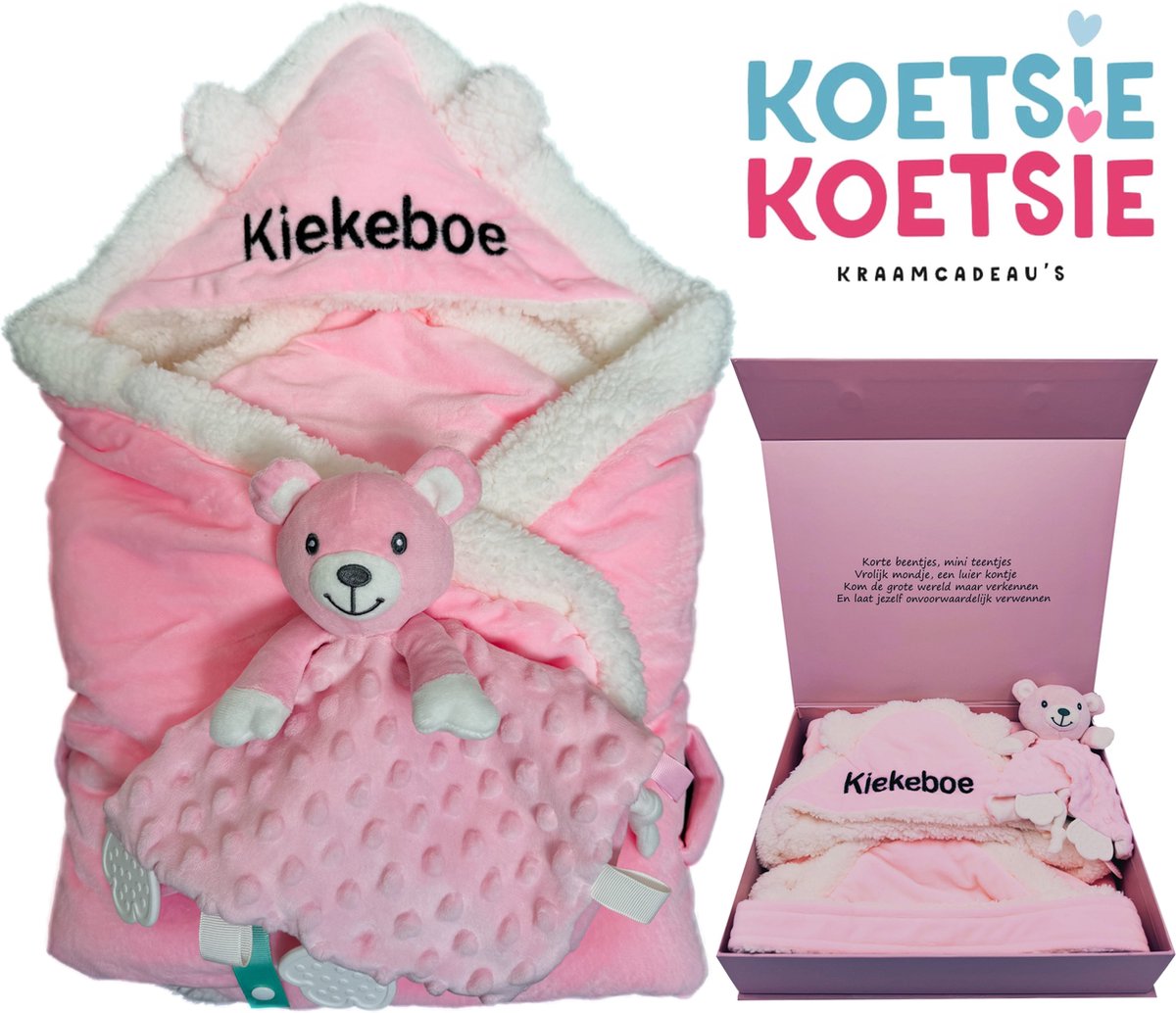 Goedkoopste Kraamcadeau meisje - luxe babydeken, baby badcape, baby omslagdoek, met knuffel en bijtring - cadeau geboorte meisje, geboortegeschenk in grote luxe magneetdoos - 2 kleuren leverbaar