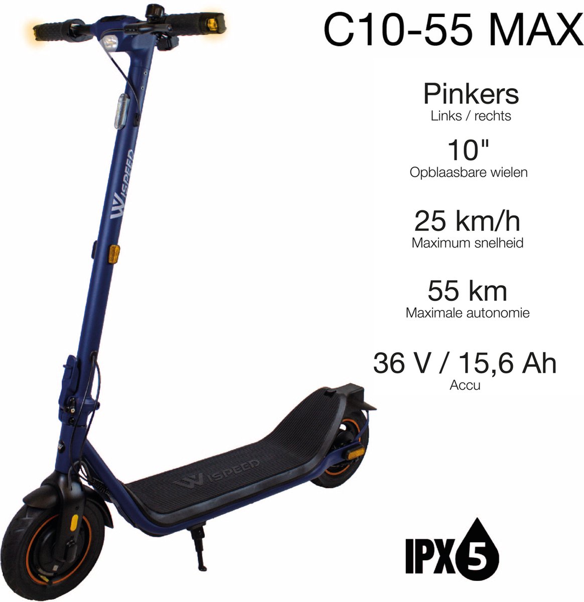 Afbeelding 2 van Wispeed - C10-55 MAX - Elektrische step - Krachtige 350W Motor - 10" Luchtbanden - Snelheid tot 25km/h - Bereik tot 55km - Donker Blauw