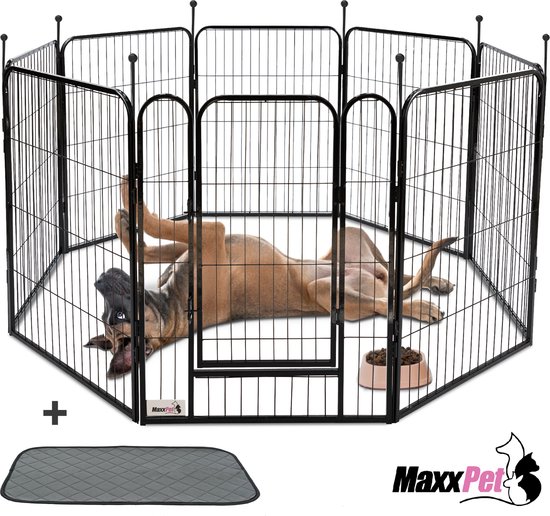 Foto: Maxxpet puppyren hondenbench hondenren hondenkennel met 8 panelen staal 120cm x 80cm incl drinkbakje plasmat