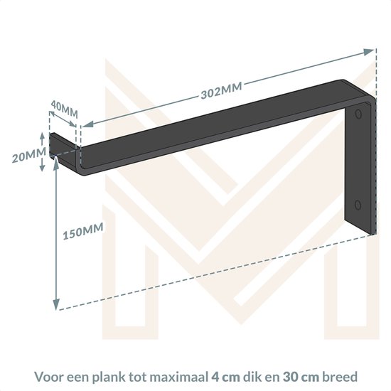 Zwarte, stalen L-vormige plankdrager, 302mm lang, 150mm hoog.