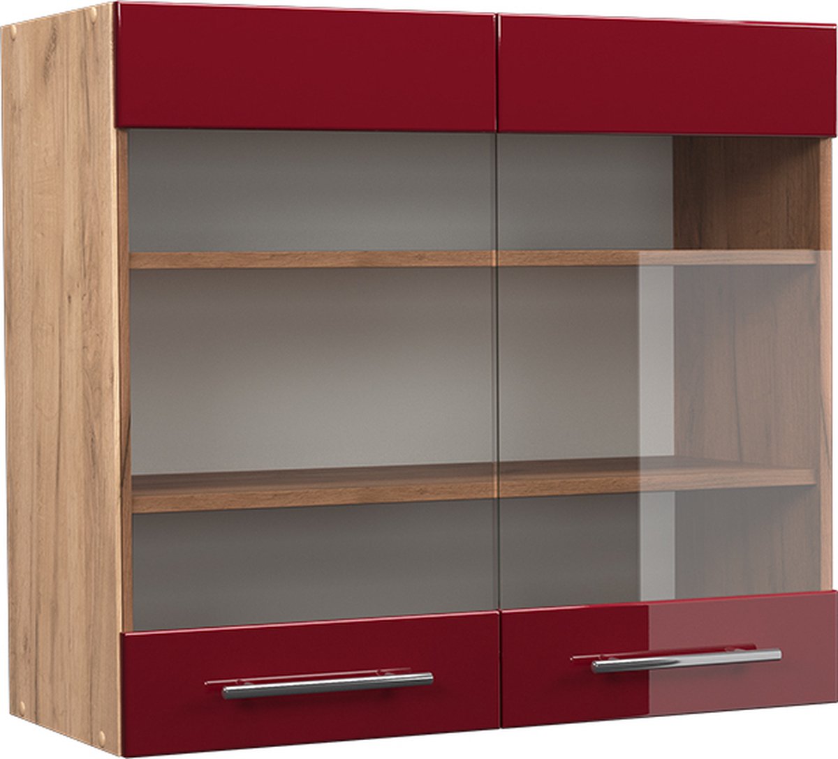 Vicco Fame-Line Glazen keukenkast – 80 cm Bordeauxrode hoogglans Bordeauxrode hoogglans/Goudkleurig Eiken