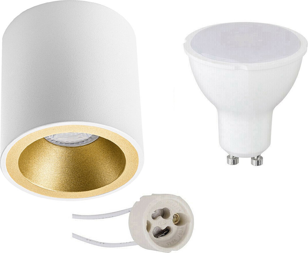 Opbouwspot Set - Pragmi Cliron Pro - GU10 Fitting - Opbouw Rond - Mat Wit/Goud - 4W - Warm Wit 3000K - Verdiept - Ø90mm