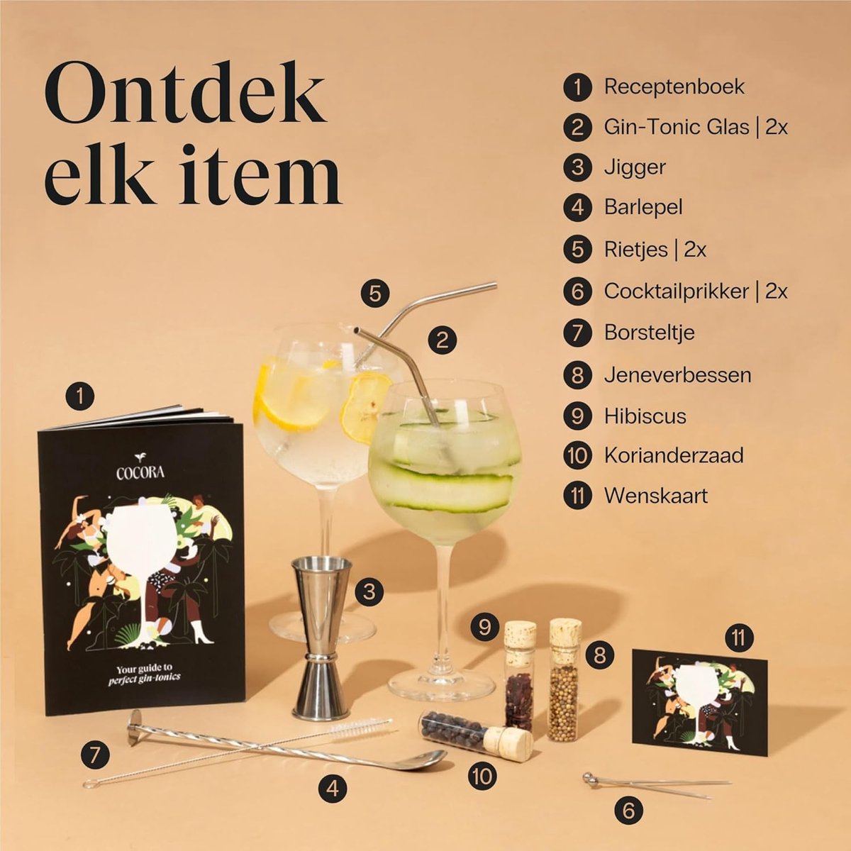 Geschenkset - 11-delige Cocktail Set - inclusief Gin Tonic Glazen, Kruiden & Receptenboek
