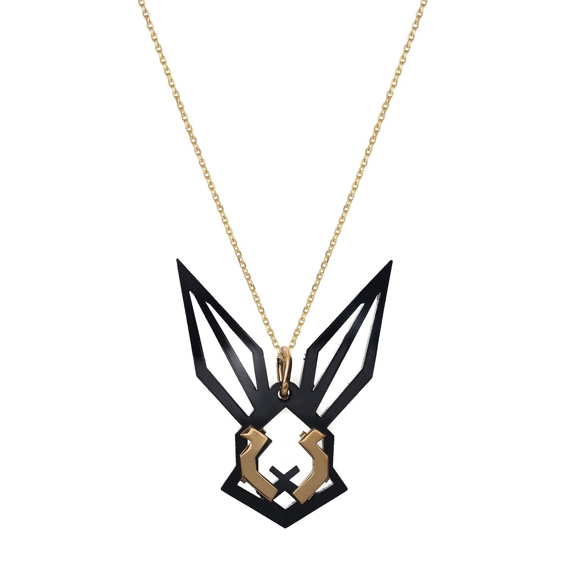 HÔBE | Conejo Hanger | 14 Karaat Goud Verguld Messing| Zwart Celluloseacetaat | Lengte: 5cm | Breedte: 4 cm | 100% Nikkelvrij | Handgemaakt | Zonder Ketting