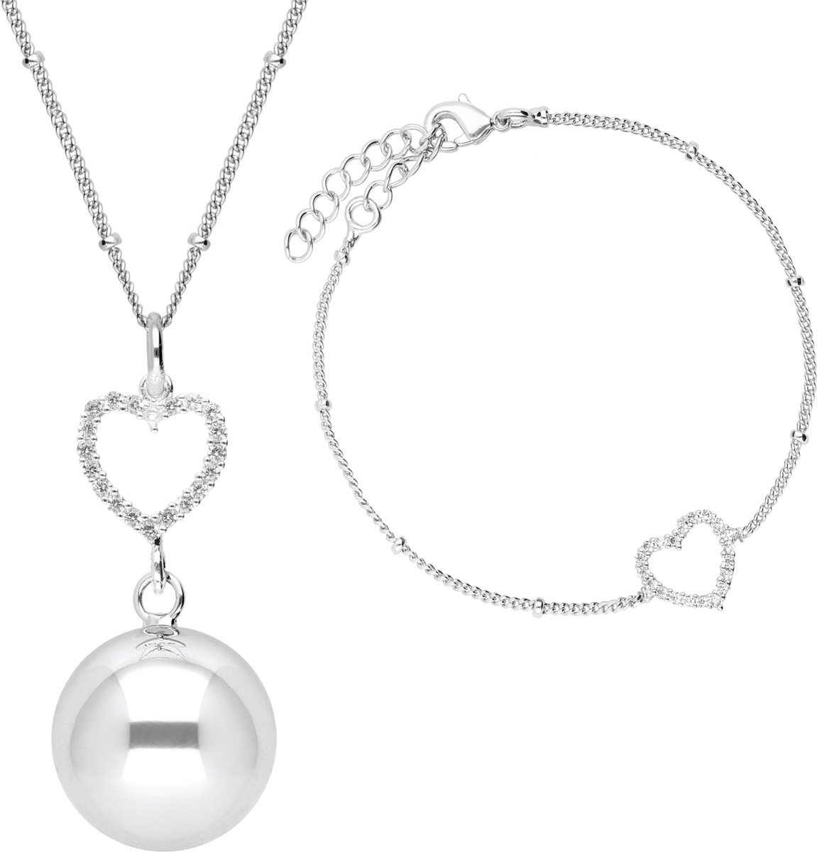 Bola Set Zwangerschapshanger Incl. Ketting en Armband - Crystal Heart - Zilver