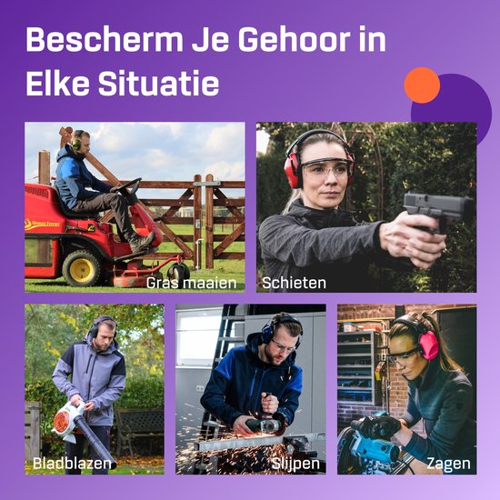 Collage van mensen die oorkappen gebruiken tijdens gras maaien, schieten, blazen, slijpen en zagen.