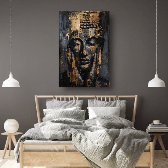 Tableau Bouddha - Décoration murale sculpture - Tableau peinture Or - Décoration murale classique - Tableaux sur toile - Toile décoration salon 100x150 cm