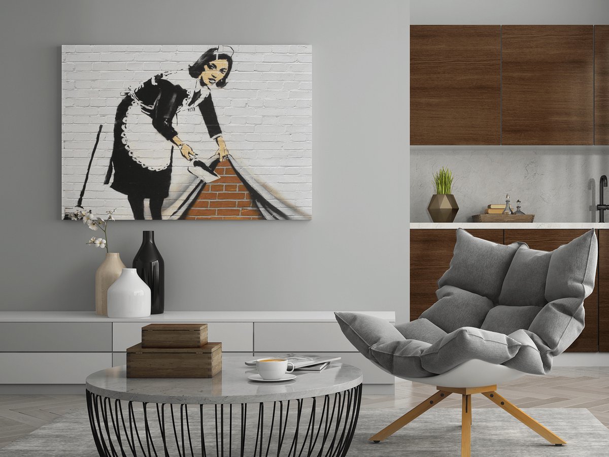 Trendex Global Canvas Schilderij - Banksy - Graffiti - Muur Kunst - 120x80x2 cm Wit